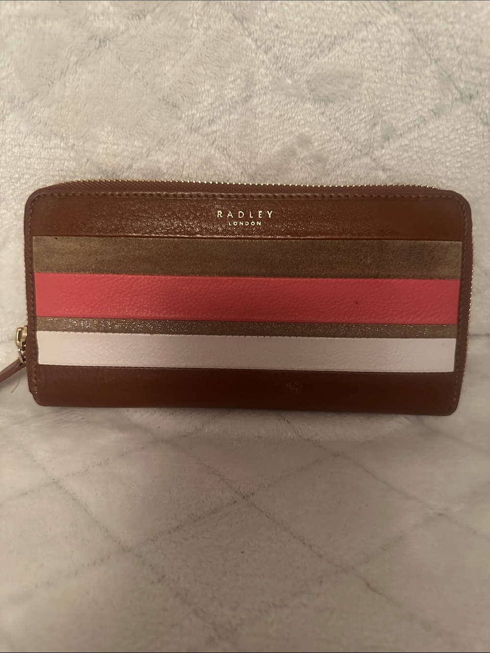 RADLEY LONDON Brown Leather Zip Wallet with Pink and White Stripes